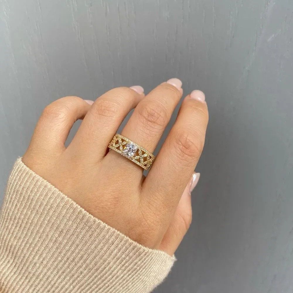 18K Gold Plated Princess Cut Cross Pave Band Ring